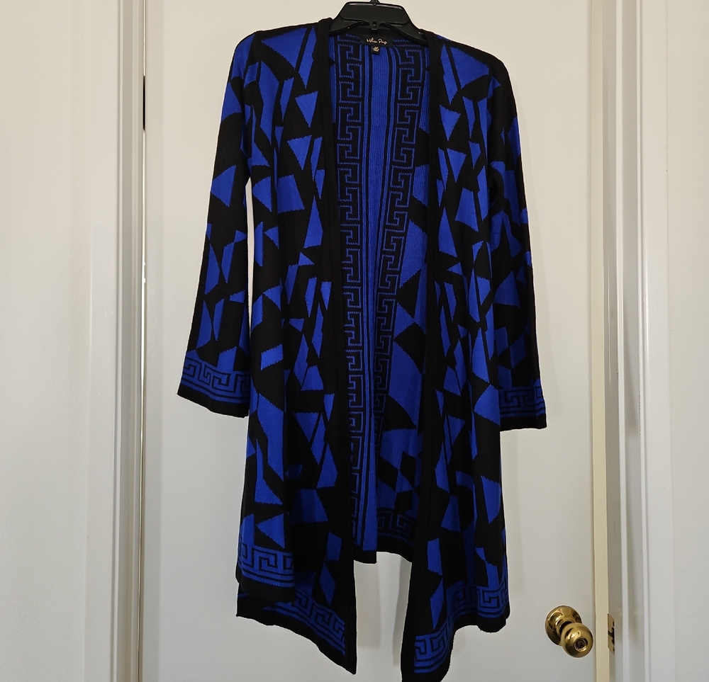 Melissa Paige Black and Blue Geometric Knit Open Cardigan